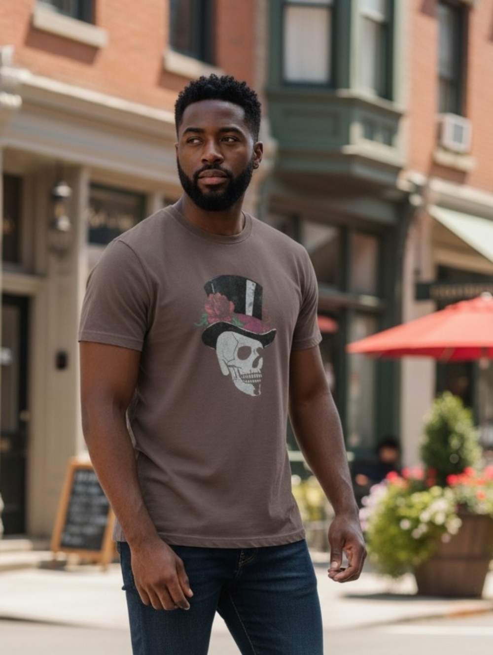John Varvatos Brown Short-Sleeve Skull Tee with Top Hat Graphic